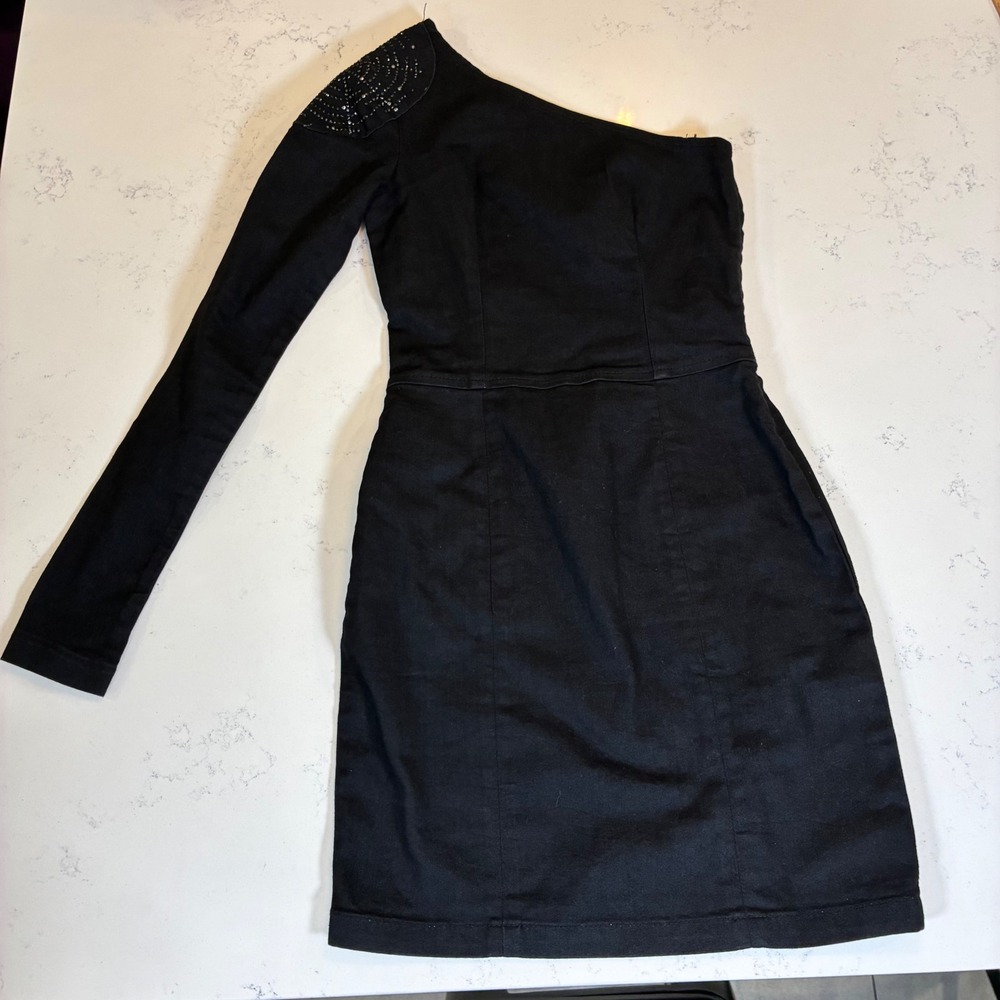 One Shoulder Dress S Rhinestone Embellished Mini Edgy Glam Y2K Club Bodycon